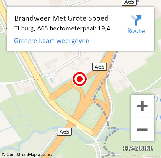 Locatie op kaart van de 112 melding: Brandweer Met Grote Spoed Naar Tilburg, A65 hectometerpaal: 19,4 op 2 juli 2021 21:30