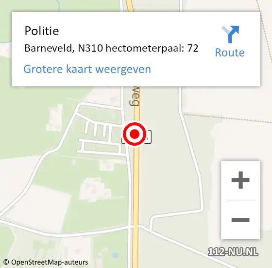 Locatie op kaart van de 112 melding: Politie Barneveld, N310 hectometerpaal: 72 op 3 juli 2021 00:54