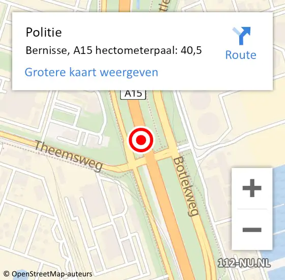 Locatie op kaart van de 112 melding: Politie Bernisse, A15 hectometerpaal: 40,5 op 3 juli 2021 03:22