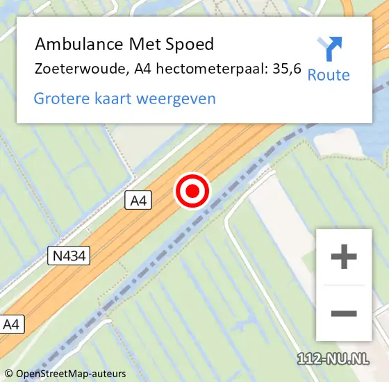 Locatie op kaart van de 112 melding: Ambulance Met Spoed Naar Zoeterwoude, A4 hectometerpaal: 35,6 op 3 juli 2021 07:51