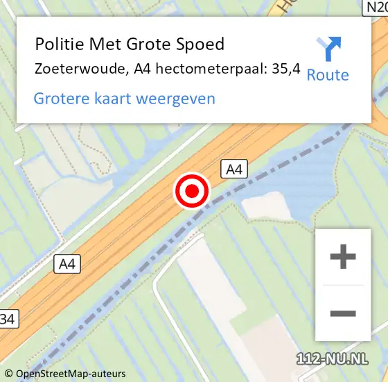 Locatie op kaart van de 112 melding: Politie Met Grote Spoed Naar Zoeterwoude, A4 hectometerpaal: 35,4 op 3 juli 2021 07:54