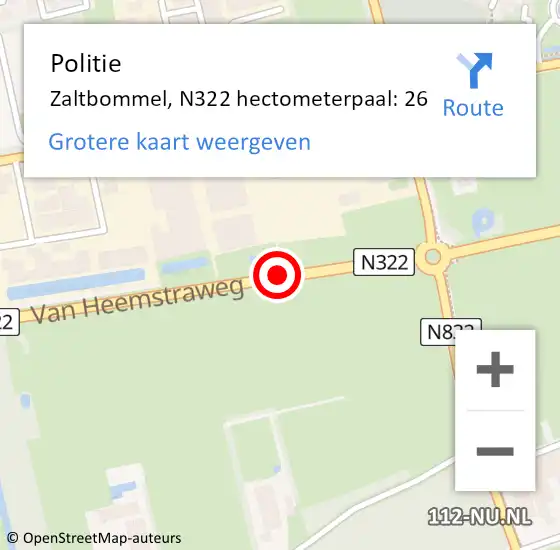 Locatie op kaart van de 112 melding: Politie Zaltbommel, N322 hectometerpaal: 26 op 3 juli 2021 09:26