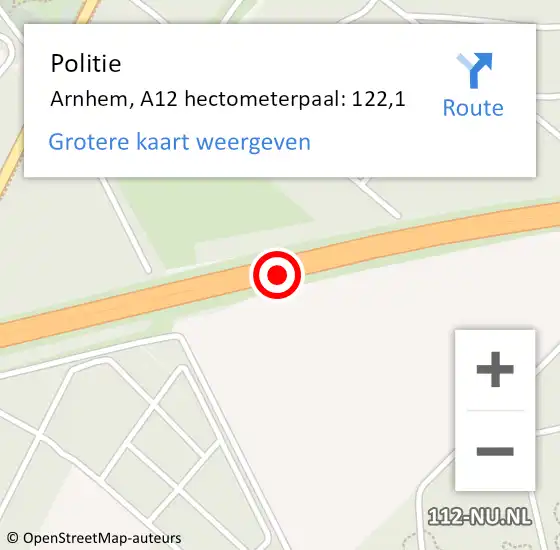 Locatie op kaart van de 112 melding: Politie Arnhem, A12 hectometerpaal: 122,1 op 3 juli 2021 09:27