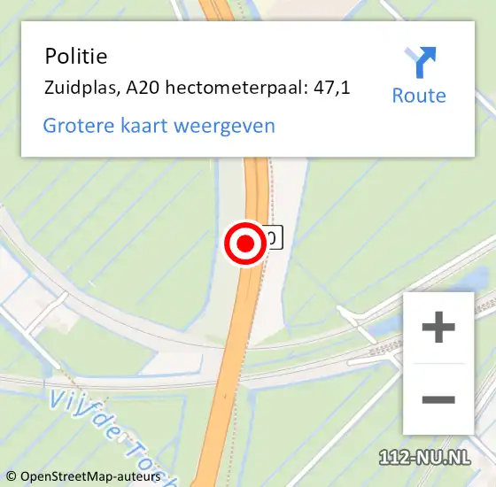 Locatie op kaart van de 112 melding: Politie Zuidplas, A20 hectometerpaal: 47,1 op 3 juli 2021 10:39