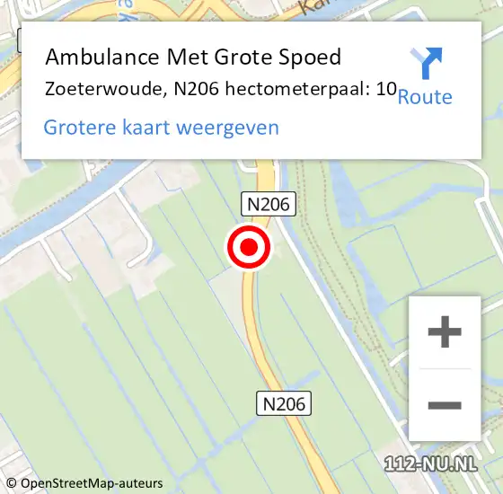 Locatie op kaart van de 112 melding: Ambulance Met Grote Spoed Naar Zoeterwoude, N206 hectometerpaal: 10 op 3 juli 2021 11:50