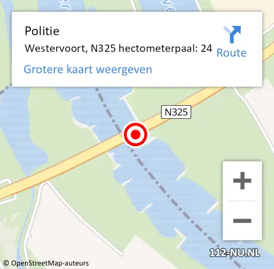 Locatie op kaart van de 112 melding: Politie Westervoort, N325 hectometerpaal: 24 op 3 juli 2021 11:58
