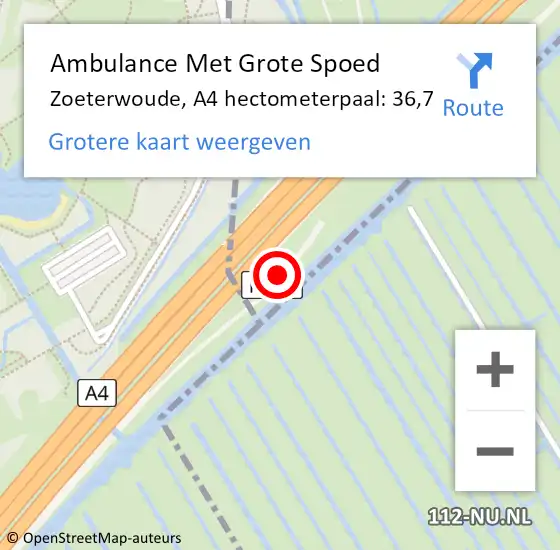 Locatie op kaart van de 112 melding: Ambulance Met Grote Spoed Naar Zoeterwoude, A4 hectometerpaal: 36,7 op 3 juli 2021 13:21