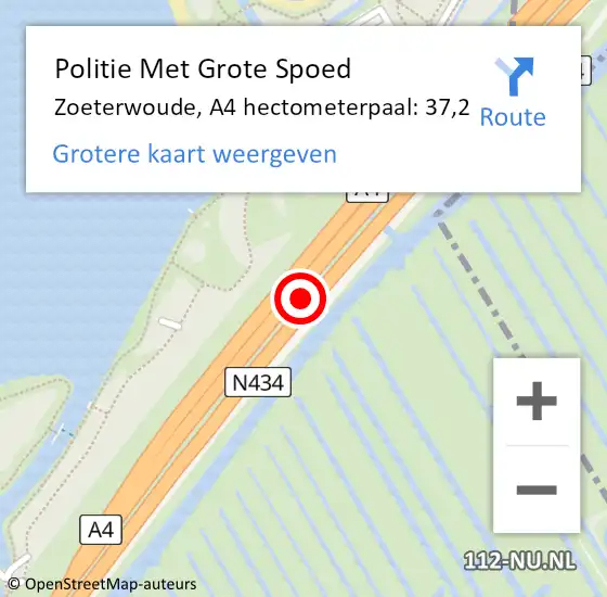 Locatie op kaart van de 112 melding: Politie Met Grote Spoed Naar Zoeterwoude, A4 hectometerpaal: 37,2 op 3 juli 2021 13:22