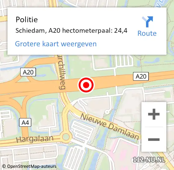 Locatie op kaart van de 112 melding: Politie Schiedam, A20 hectometerpaal: 24,4 op 3 juli 2021 14:31