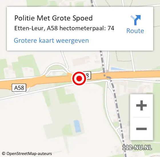 Locatie op kaart van de 112 melding: Politie Met Grote Spoed Naar Breda, A58 hectometerpaal: 74 op 3 juli 2021 15:15