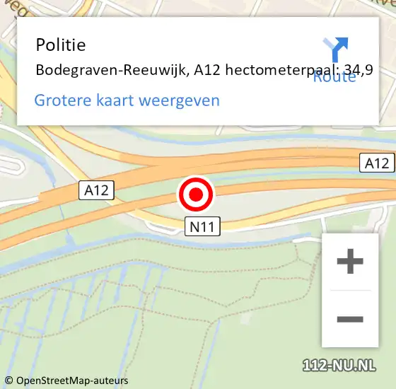 Locatie op kaart van de 112 melding: Politie Bodegraven-Reeuwijk, A12 hectometerpaal: 34,9 op 3 juli 2021 16:09