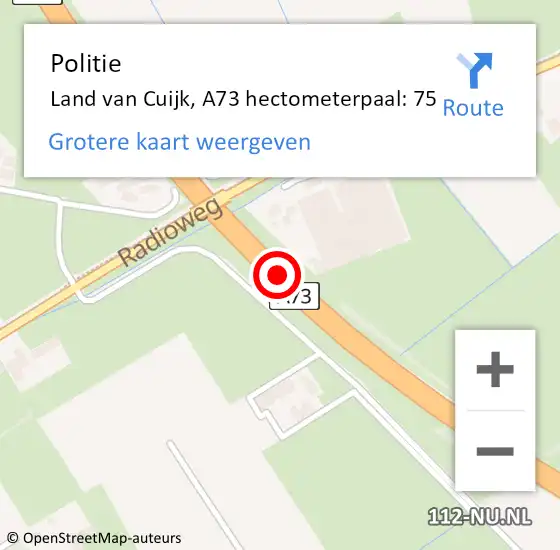 Locatie op kaart van de 112 melding: Politie Sint Anthonis, A73 hectometerpaal: 75 op 3 juli 2021 17:13