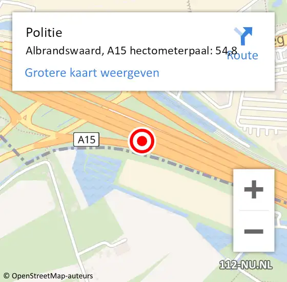 Locatie op kaart van de 112 melding: Politie Albrandswaard, A15 hectometerpaal: 54,8 op 3 juli 2021 18:40