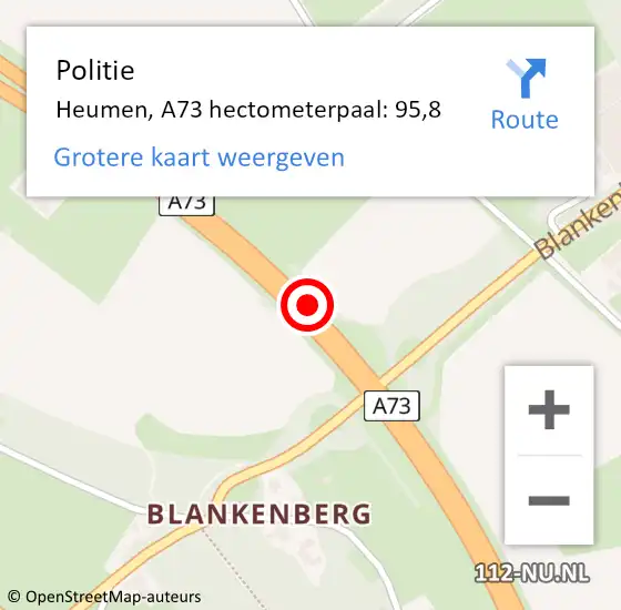 Locatie op kaart van de 112 melding: Politie Heumen, A73 hectometerpaal: 95,8 op 3 juli 2021 19:09