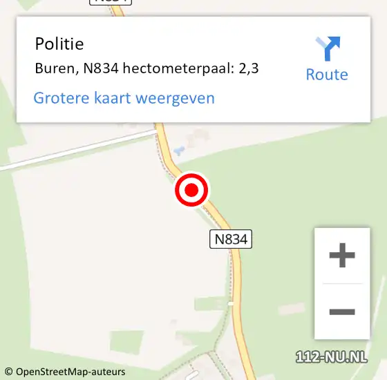 Locatie op kaart van de 112 melding: Politie Buren, N834 hectometerpaal: 2,3 op 3 juli 2021 20:26