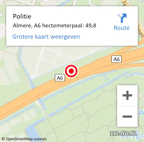 Locatie op kaart van de 112 melding: Politie Almere, A6 hectometerpaal: 49,8 op 4 juli 2021 06:49
