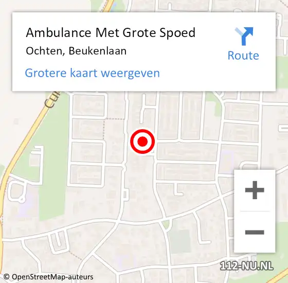 Locatie op kaart van de 112 melding: Ambulance Met Grote Spoed Naar Ochten, Beukenlaan op 4 juli 2021 09:31