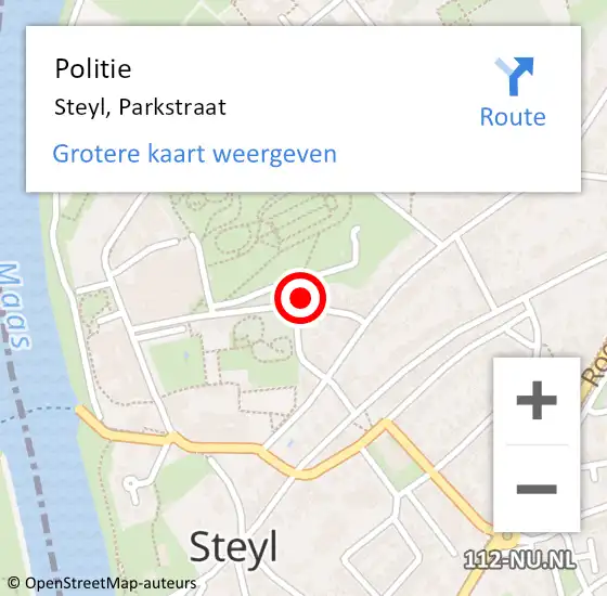 Locatie op kaart van de 112 melding: Politie Steyl, Parkstraat op 4 juli 2021 12:49