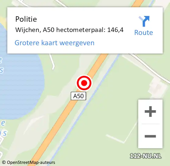 Locatie op kaart van de 112 melding: Politie Wijchen, A50 hectometerpaal: 146,4 op 4 juli 2021 13:15