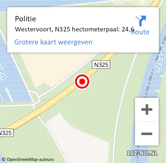 Locatie op kaart van de 112 melding: Politie Westervoort, N325 hectometerpaal: 24,6 op 4 juli 2021 22:41