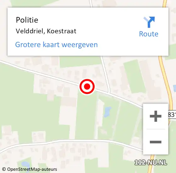 Locatie op kaart van de 112 melding: Politie Velddriel, Koestraat op 5 juli 2021 02:32