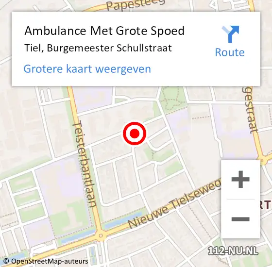 Locatie op kaart van de 112 melding: Ambulance Met Grote Spoed Naar Tiel, Burgemeester Schullstraat op 5 juli 2021 06:46