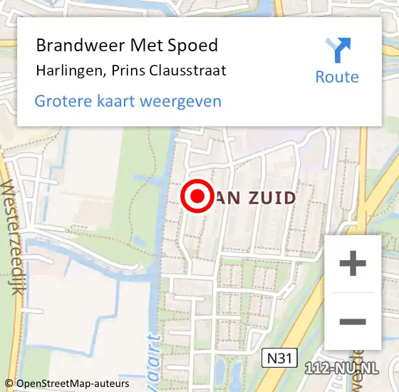 Locatie op kaart van de 112 melding: Brandweer Met Spoed Naar Harlingen, Prins Clausstraat op 15 juni 2014 12:18