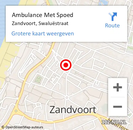 Locatie op kaart van de 112 melding: Ambulance Met Spoed Naar Zandvoort, Swaluëstraat op 5 juli 2021 08:29