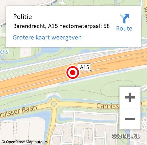 Locatie op kaart van de 112 melding: Politie Barendrecht, A15 hectometerpaal: 58 op 5 juli 2021 15:17