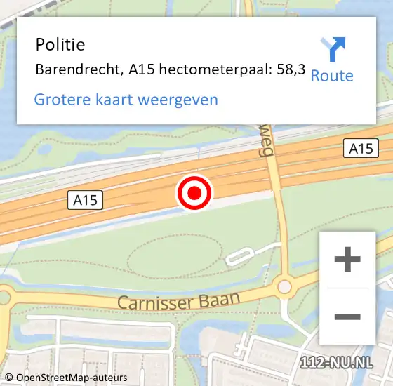 Locatie op kaart van de 112 melding: Politie Barendrecht, A15 hectometerpaal: 58,3 op 5 juli 2021 15:21