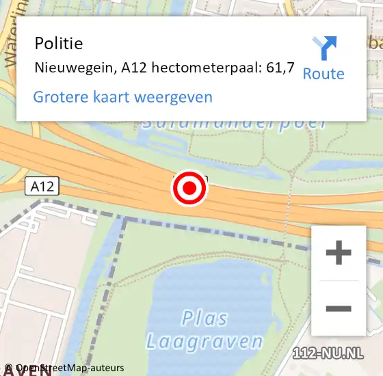 Locatie op kaart van de 112 melding: Politie Nieuwegein, A12 hectometerpaal: 61,7 op 5 juli 2021 15:38