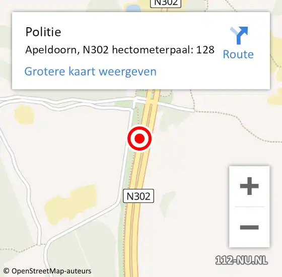 Locatie op kaart van de 112 melding: Politie Apeldoorn, N302 hectometerpaal: 128 op 5 juli 2021 16:22