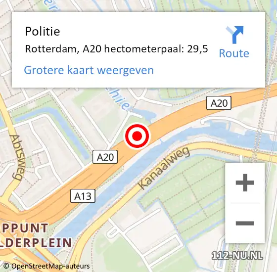 Locatie op kaart van de 112 melding: Politie Rotterdam, A20 hectometerpaal: 29,5 op 5 juli 2021 17:17