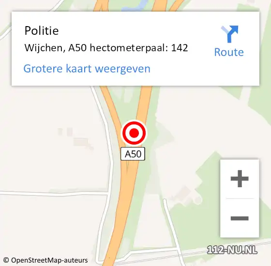 Locatie op kaart van de 112 melding: Politie Wijchen, A50 hectometerpaal: 142 op 5 juli 2021 17:25