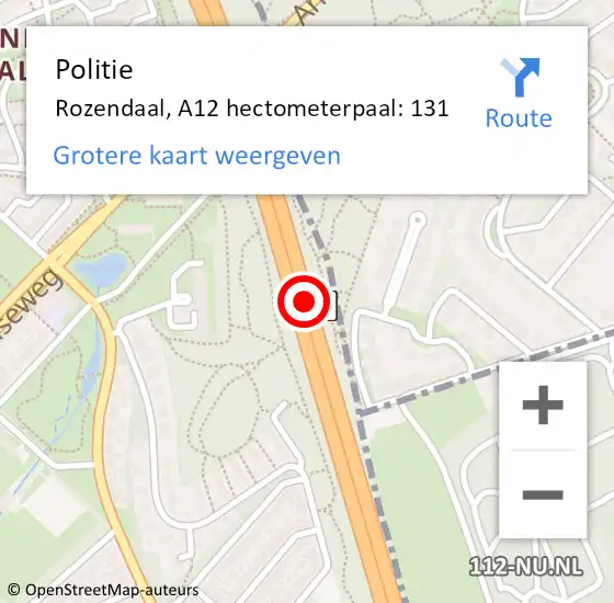 Locatie op kaart van de 112 melding: Politie Rozendaal, A12 hectometerpaal: 131 op 5 juli 2021 17:36