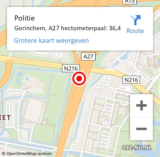 Locatie op kaart van de 112 melding: Politie Gorinchem, A27 hectometerpaal: 36,4 op 5 juli 2021 18:21