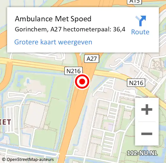 Locatie op kaart van de 112 melding: Ambulance Met Spoed Naar Gorinchem, A27 hectometerpaal: 36,4 op 5 juli 2021 18:23