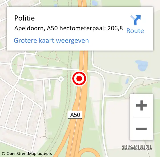 Locatie op kaart van de 112 melding: Politie Apeldoorn, A50 hectometerpaal: 206,8 op 6 juli 2021 00:31