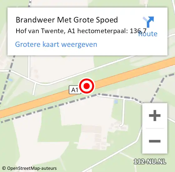 Locatie op kaart van de 112 melding: Brandweer Met Grote Spoed Naar Hof van Twente, A1 hectometerpaal: 136,7 op 6 juli 2021 02:41