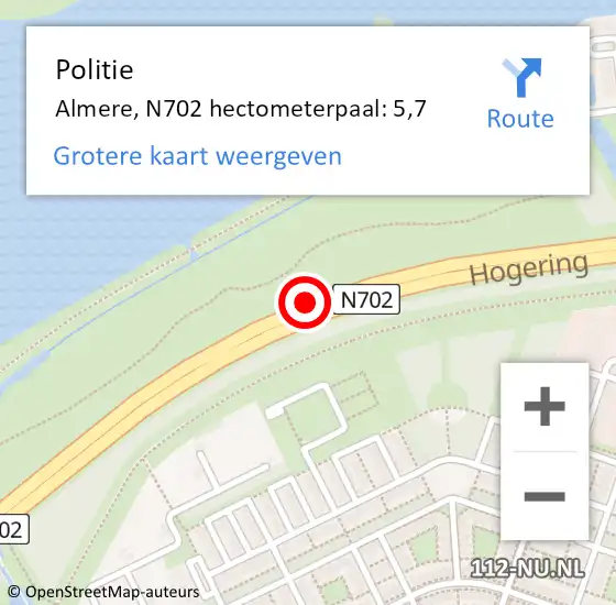 Locatie op kaart van de 112 melding: Politie Almere, N702 hectometerpaal: 5,7 op 6 juli 2021 04:28