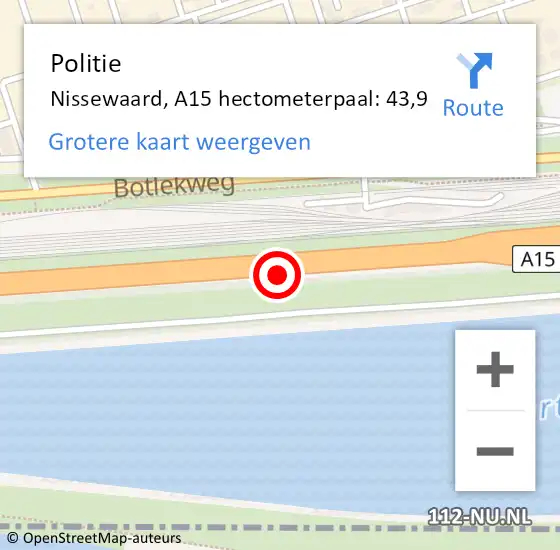 Locatie op kaart van de 112 melding: Politie Bernisse, A15 hectometerpaal: 43,9 op 6 juli 2021 07:01