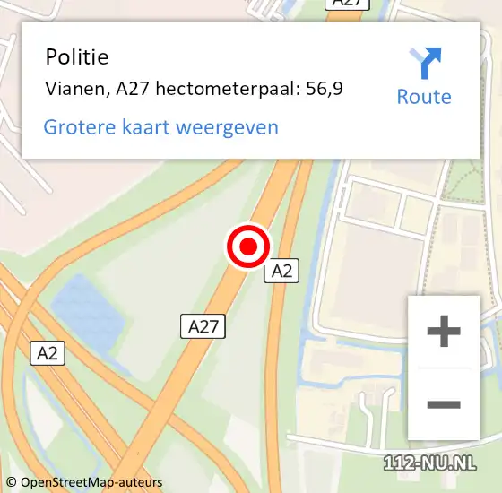 Locatie op kaart van de 112 melding: Politie Vianen, A27 hectometerpaal: 56,9 op 6 juli 2021 07:45