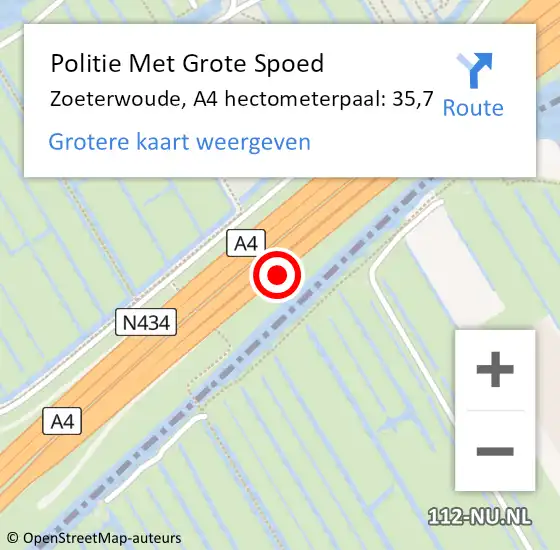 Locatie op kaart van de 112 melding: Politie Met Grote Spoed Naar Zoeterwoude, A4 hectometerpaal: 35,7 op 6 juli 2021 08:21