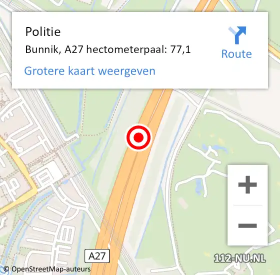 Locatie op kaart van de 112 melding: Politie Bunnik, A27 hectometerpaal: 77,1 op 6 juli 2021 08:56