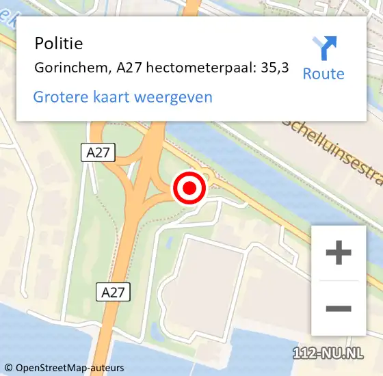 Locatie op kaart van de 112 melding: Politie Gorinchem, A27 hectometerpaal: 35,3 op 6 juli 2021 09:54