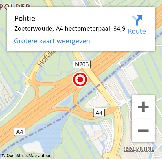 Locatie op kaart van de 112 melding: Politie Zoeterwoude, A4 hectometerpaal: 34,9 op 6 juli 2021 10:27