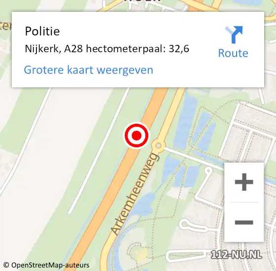 Locatie op kaart van de 112 melding: Politie Nijkerk, A28 hectometerpaal: 32,6 op 6 juli 2021 10:44