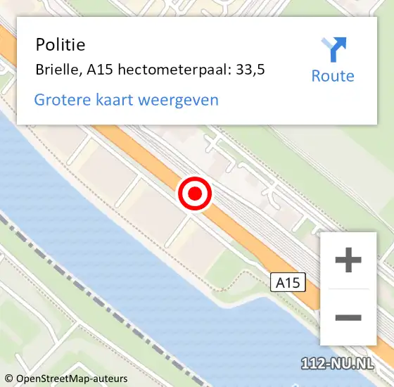 Locatie op kaart van de 112 melding: Politie Brielle, A15 hectometerpaal: 33,5 op 6 juli 2021 11:32