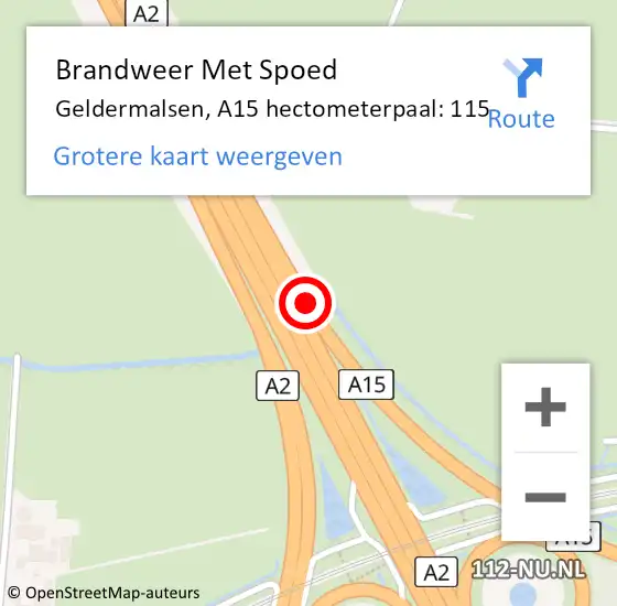 Locatie op kaart van de 112 melding: Brandweer Met Spoed Naar Geldermalsen, A15 hectometerpaal: 115 op 6 juli 2021 12:22