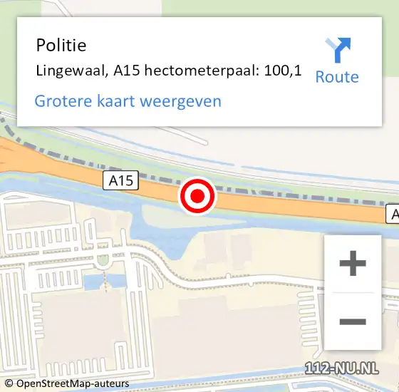 Locatie op kaart van de 112 melding: Politie Lingewaal, A15 hectometerpaal: 100,1 op 6 juli 2021 15:40